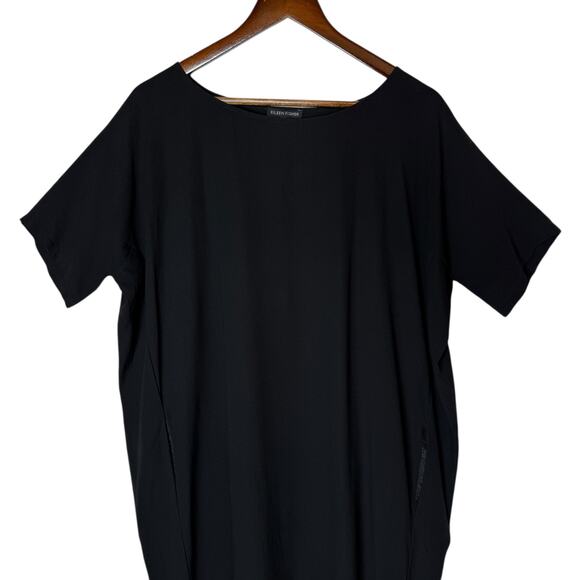 Eileen Fisher Silk Bateau Neck Cocoon Shift Dress Black Medium - Picture 2 of 5